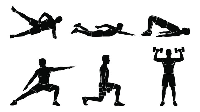 Various black silhouette illustrations of a man performing different exercises with dumbbells and bodyweight training