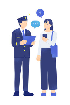案内をする駅員さん タブレットで乗客の質問に答える男性のベクターイラスト素材