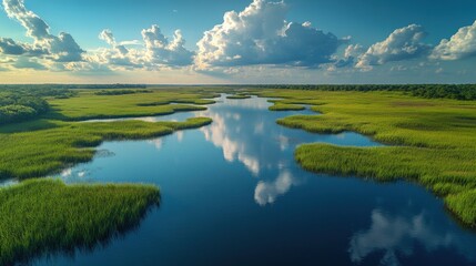 Fototapeta premium Aerial View Of Lush Green Wetlands With Reflective Blue Water Under A Sunny Cloudscape At Golden