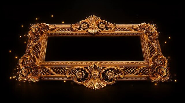 Ornate gold picture frame isolated black.