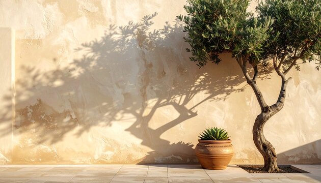 Olive tree and succulent plant on beige rustic wall background
