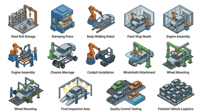 Industrial Robotics Manufacturing Workflow Process.