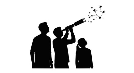 Family silhouette looking at stars through telescope, exploring the universe, constellation © Akun