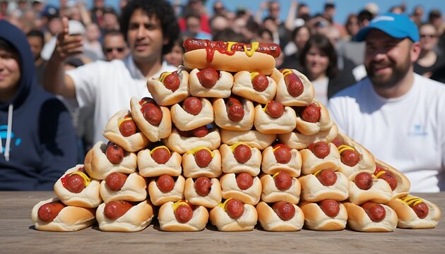 Enormous hot dog pyramid stands tall at an outdoor food festival event