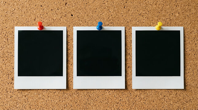 Vintage instant photo frames pinned to cork board, blank polaroid film mockups with colorful push pins, nostalgic memory board display