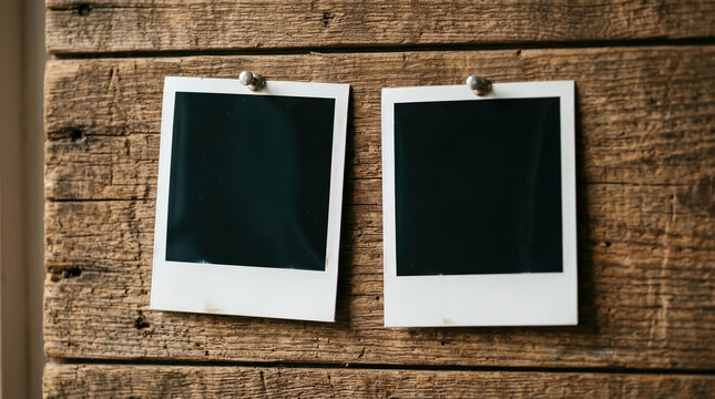 Vintage instant photo frames pinned to rustic wood background, blank polaroid style film mockups, nostalgic memory board with empty picture frames