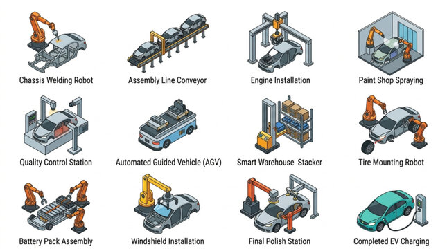 Industrial Robotics Assembly Line Components.