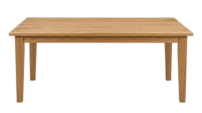 Modern wooden dining table with natural finish and four legs.