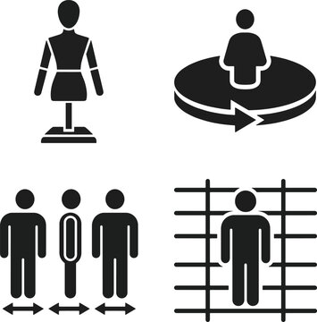 Collection of Anthropometric Measurement Icons Featuring Human Body Scale, Ergonomic Analysis, Personal Space and Movement Reference Symbols