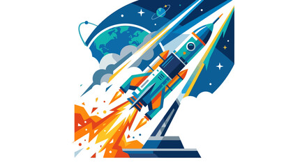 Colorful Rocket Ship Launching High. © Ariya
