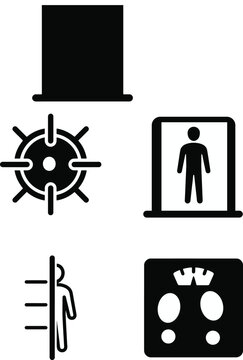 Collection of Human Assessment and Measurement Icons Featuring Steering Wheel, Framed Person, Height Scale and Balance Symbols