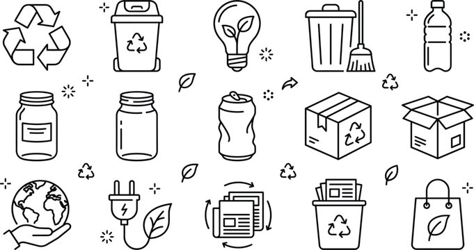 Recycling and waste management line icon set featuring ecology environmental protection sustainability garbage sorting and green energy elements