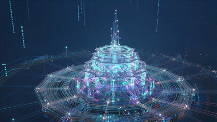 Fototapeta premium Futuristic glowing structure surrounded by digital networks and data streams in a cybernetic space.