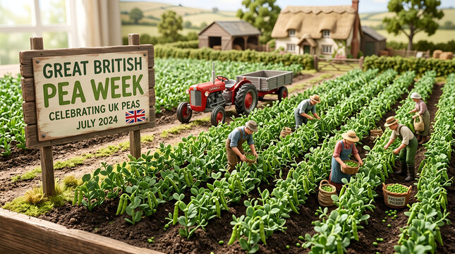 Miniature Farm Scene with Farmers Harvesting Peas, Red Tractor, and 'Great British Pea Week' Sign