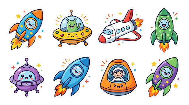 Smiling cartoon spaceship characters flying high.