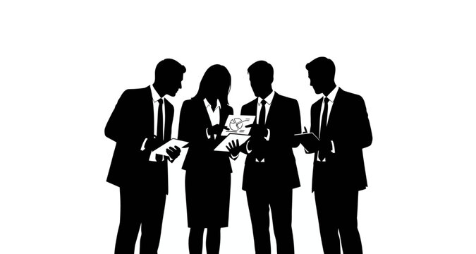 Business people discussing charts and graphs silhouette on transparent background