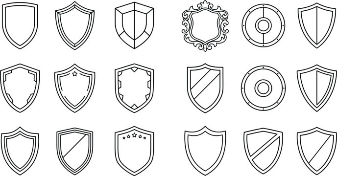 Shield line icon set featuring security guard badges protective heraldic armor shapes defense safety and ornate crest symbols