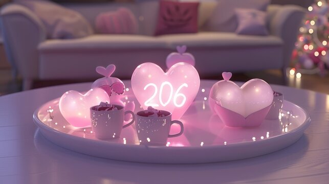 Pink Heart Decor with Number 206 and Candles on Round Tray in Cozy Living Room
