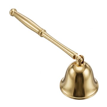 Elegant gold metal candle snuffer tool with long handle isolated on white background