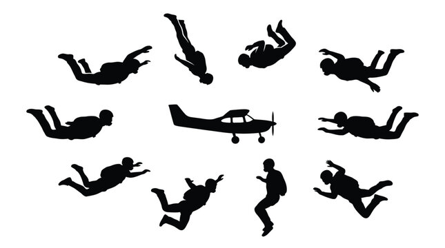 Black silhouettes of people falling from plane in various poses and free-falling through air