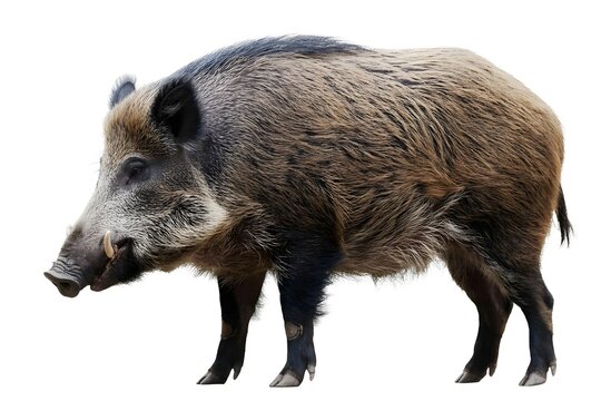 Full length side view of a wild boar isolated on a white background with creature