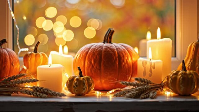 Cozy autumn still life featuring pumpkins, candles, wheat, and sparkling string lights creating a warm and inviting atmosphere.