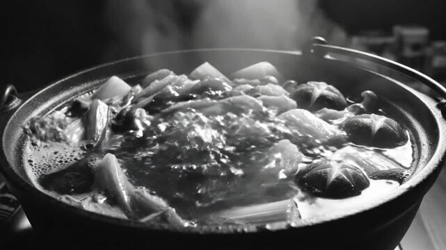 Simmering Japanese Hot Pot Cuisine with Steaming Vegetables and Sliced Pork in Black and White