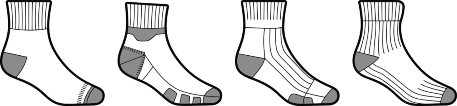 Technical vector collection of ankle socks with reinforced heel and toe for apparel design and production templates