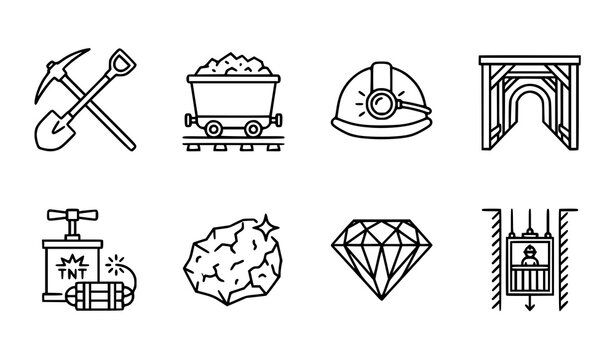 Underground mining linear icon collection featuring mineral extraction tools and tunnel site equipment line art