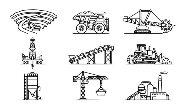 Mining line icons set with industrial heavy machinery surface mine extraction and mineral processing outline vector symbols