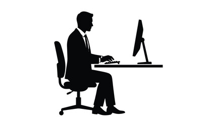 Fototapeta premium Silhouette of a businessman working on a computer in a suit and tie at office desk