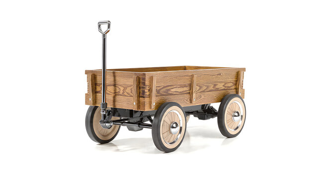 Vintage wooden horse-drawn carriage and antique wagon transport vehicle with classic wheels, isolated on white background