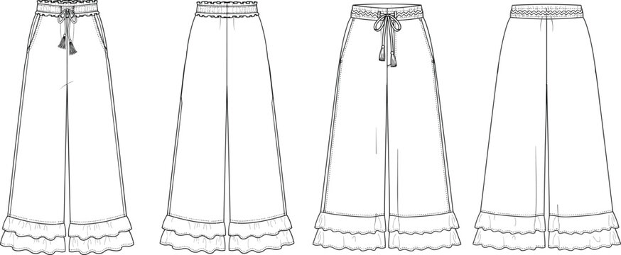 Wide leg bohemian trousers with ruffled hem and drawstring elastic waistband for women summer casual apparel design