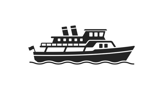Ferry boat silhouette sailing on wavy water, simple graphic icon