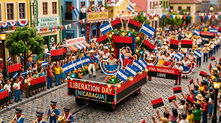 Obraz premium Miniature scene of a vibrant Liberation Day parade in Nicaragua with flags and celebrating crowd