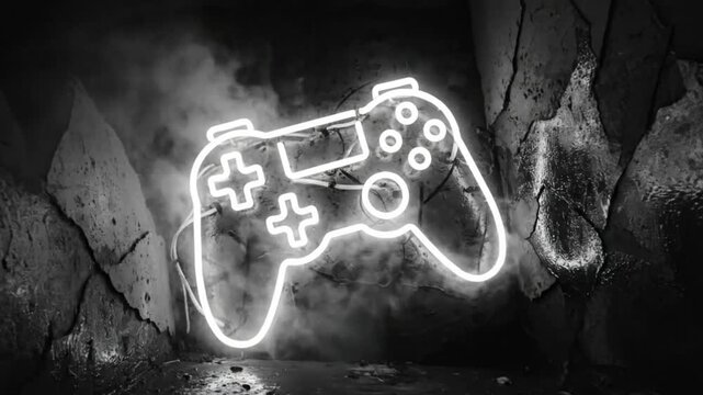 Neon Light Controller Sign Illuminated With Smoke Against Rough Textured Rock Wall Background