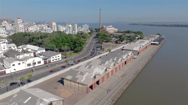 Cais Mau&aacute; warehouses in Porto Alegre with Usina do Gas&ocirc;metro in background and forward push.