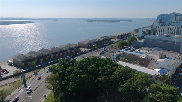Cais Mau&aacute; waterfront static aerial shot along the Gua&iacute;ba River in Porto Alegre Brazil