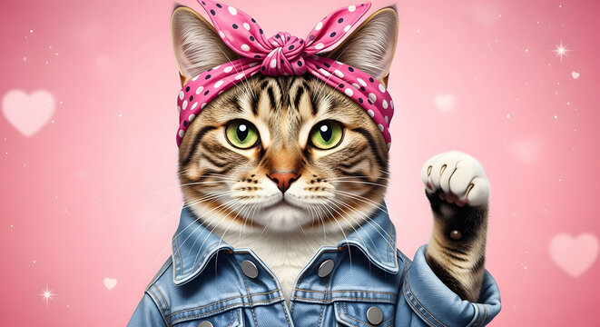 Charming tabby cat wearing a pink bandana and denim jacket against a pink background