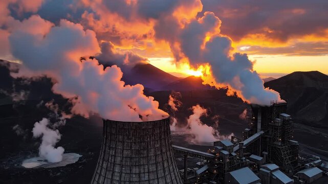 Aerial View of Industrial Cooling Towers Emitting Steam in Mountain Valley at Sunset