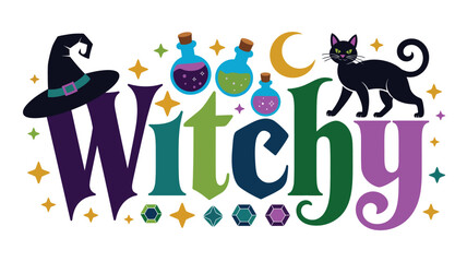 Fototapeta premium Colorful Witchy text illustration with a hat, black cat, and potion bottles for Halloween