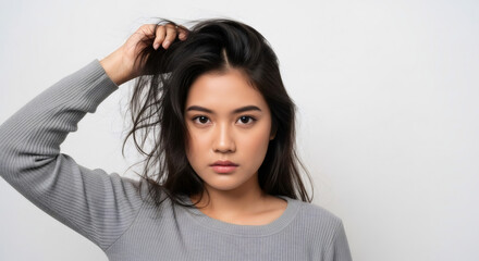 Fototapeta premium Young Asian Woman with Dark Hair Touching Her Head with Left Hand Wearing Grey Sweater