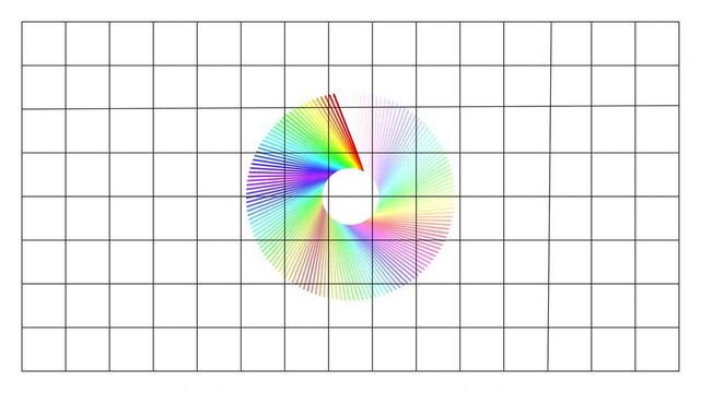 A colorful composed circular pattern with motion effect on a background rectangular grid surface - animated illustration