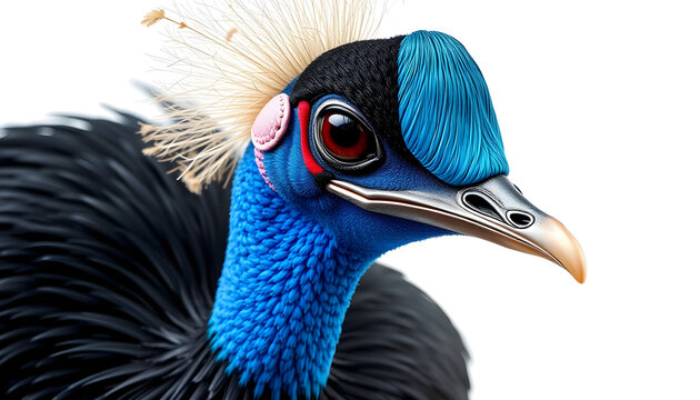 A majestic close-up portrait of a Victoria crowned pigeon, showing its deep blue plumage, red eye ring, and the base of its delicate lacy feather crest, isolated on a white background.