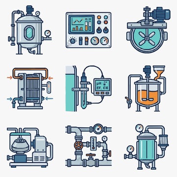 Industrial Equipment and Machinery Icons Set.