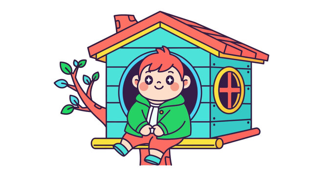 Cute cartoon boy sitting in colorful treehouse reading.