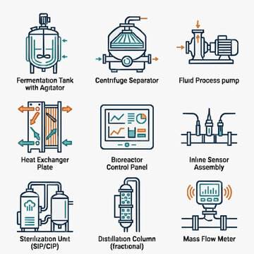 Industrial Process Equipment Icons Set.