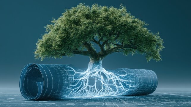 A digitally rendered image of a tree with its roots intertwined inside a transparent pipe blueprint, symbolizing growth and infrastructure connection.