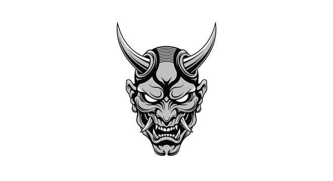 A detailed illustration of a Japanese Oni mask with horns and sharp teeth