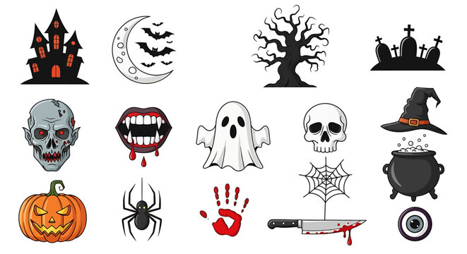 Halloween icons feature spooky silhouettes of ghosts, bats, and monsters celebrating a haunted night.